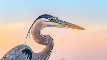 Great blue heron close-up against the clear sunset sky in Destin. Florida. Great blue heron bird close-up side view portrait with sunset background.