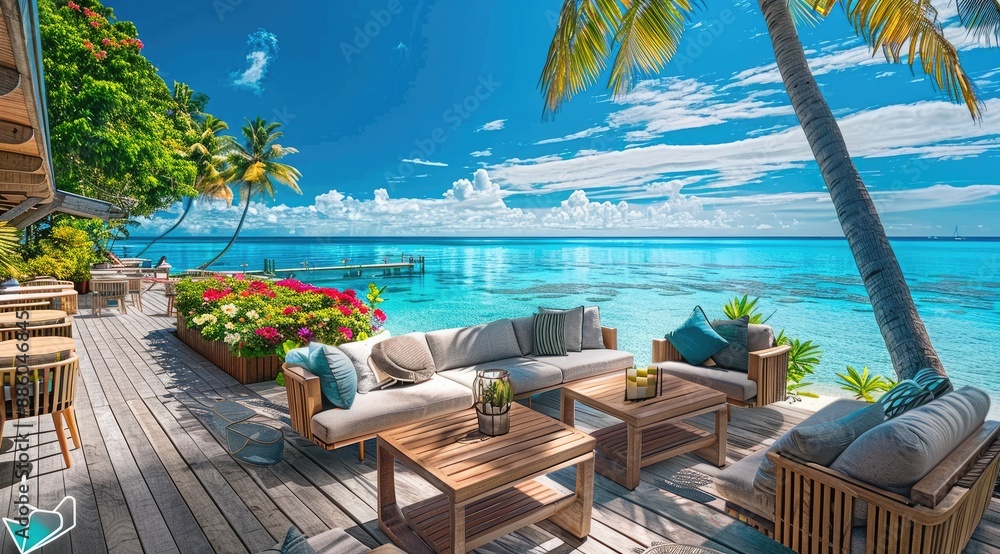 Wall mural a luxurious tropical deck overlooking crystal-clear ocean water, furnished with comfortable seating 