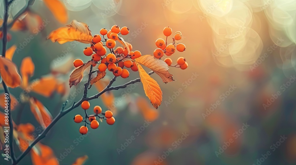 Poster orange berries on a branch with autumn leaves and a soft focus background. the image captures the wa