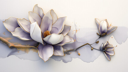 Three-dimensional alcohol ink with edge by painting, beautiful fresh a branch magnolia flower with River 