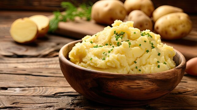 A bowl of creamy mashed potatoes garnished with chives, set on a rustic wooden table with whole potatoes in the background