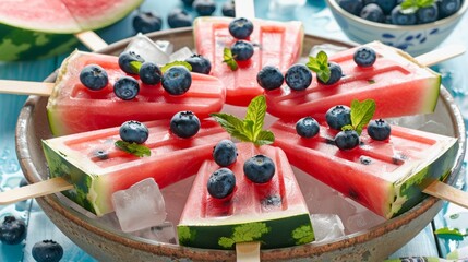 Fresh watermelon popsicles with blueberries cut on ice