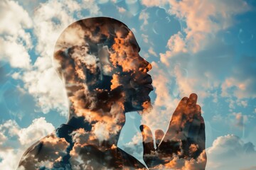 African American man prays with hands clasped together in cloudy sky. Serene atmosphere of contemplation and spirituality. Double exposure photography style captures abstract expressionism details.