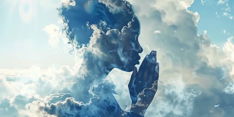 African American woman contemplative portrait with cloudy sky background. Double exposure photography style intimate moment of prayer thoughtfulness. Abstract expressionism art inspiration.