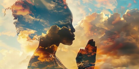 African American woman prays with hands clasped together. Double exposure photography clouds, sky in gradient colors against white face. Abstract expressionism style features intricate details.