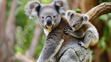Mother koala with baby on her back
