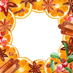 Star anise, cinnamon orange, cowberry watercolor frame on a white. Five brown star-shaped spices with detailed texture and shades. Perfect for culinary, botanical projects, recipe, cards and posters