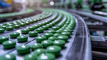 Obraz premium Production green pills on the factory, farmaceutical industry
