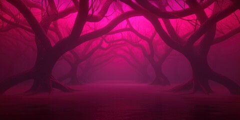 Abstract forest scene with twisted trees and neon pink glow, creating a haunting and surreal atmosphere.