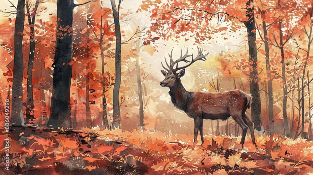 Wall mural Watercolour illustration of deer in autumn wood