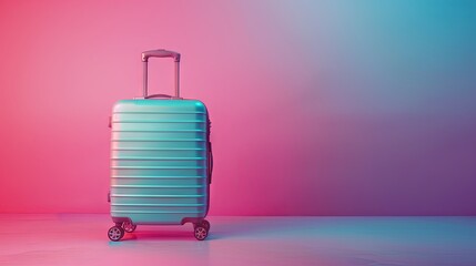 Obraz premium The concept of travel is depicted by a violet background adorned with a light blue suitcase