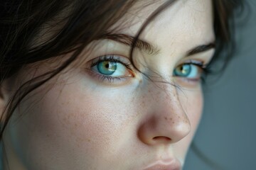 Beautiful young woman with freckles and green eyes is posing with a serious expression
