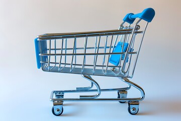 A vibrant blue shopping cart isolated against a clean white background, symbolizing online shopping convenience and retail concepts.