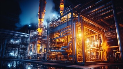 Fototapeta premium Petrochemical, gas, and oil processing pipeline in furnace factory with manufacturing equipment