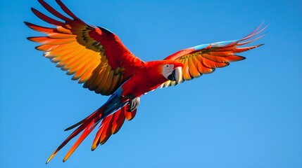 Obraz premium Scarlet Macaw flying in front of a clear blue sky