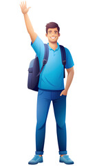 Young man with a small backpack on one shoulder, raising his hand and smiling, wearing casual blue attire and standing in a welcoming posture. Plain background