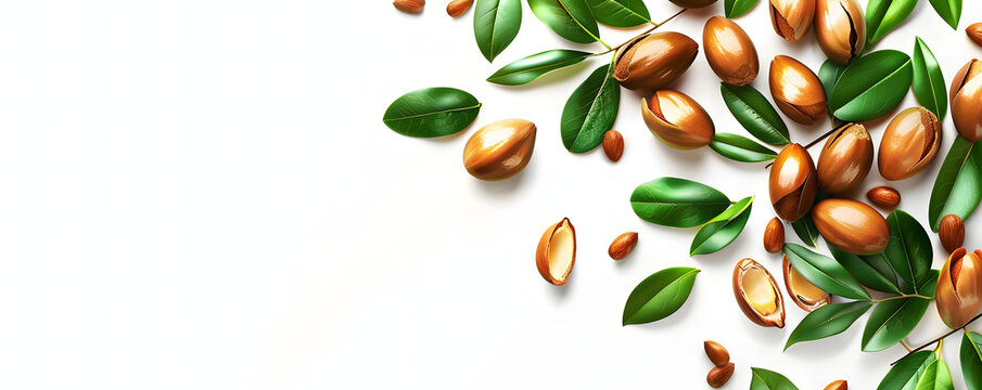 Argania Spinosa Seeds and Leaves on White Background