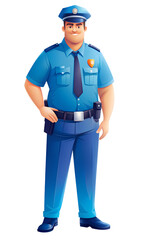Fototapeta premium Policeman standing in full uniform with hands on his hips, wearing a blue shirt, matching pants, and a cap, conveying authority and confidence Plain background