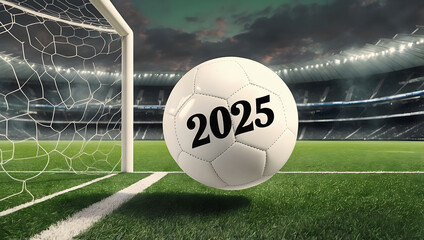 happy new 2025 year soccer themed, football background, sport concept, template, soccer field