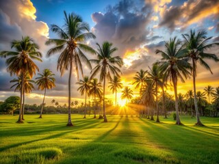 Obraz premium Warm golden light of a serene sunset illuminates a tranquil landscape, casting a gentle glow on the lush green grass and towering palm trees.