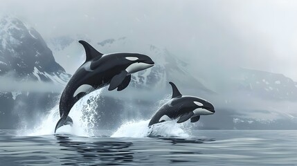Fototapeta premium Pair of leaping Killer Whales
