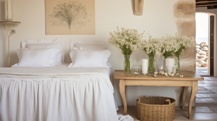 Sophisticated country inspired bedroom design featuring white and cream pillows on the bed