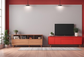 Stylish living room interior: Modern wooden furniture, blank TV screen, and red wall background. Home decor ideas and design inspiration for contemporary spaces