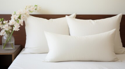 Modern bedroom interior design in country style with white and cream pillows on bed