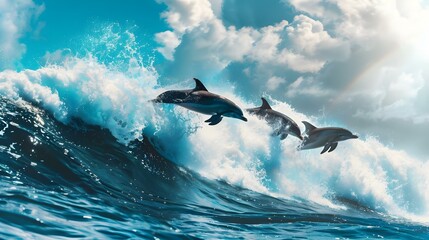 Naklejka premium Playful dolphins jumping over breaking waves in Hawaii