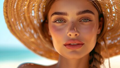 Woman with dewy skin applying sunscreen