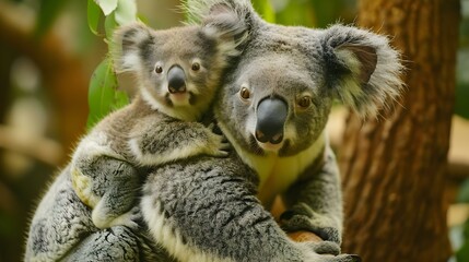 Fototapeta premium Mother koala with baby on her back