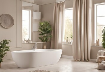 Beige home bathroom interior featuring bathtub and accessories, with mockup frame. Ideal for interior design inspiration, home decor ideas, and bathroom remodeling projects