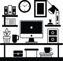 computer workspace silhouette illustration. workspace, office, computer, workplace, business, desk, modern, screen, 