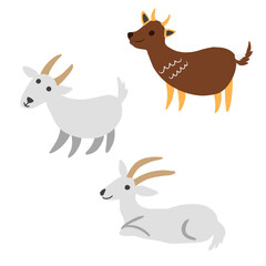 Cute cartoon vector Capricorn, goat set, kid domestic animal isolated on white background, farmer mammal, decorative element zodiac for design greeting card, creation of alphabet, children invitation
