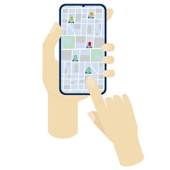 Rent a scooter from your smartphone, select a scooter and charge the scooter's battery level. Flat isolated vector illustration on white. Concept for scooter rental, green, ecological transport