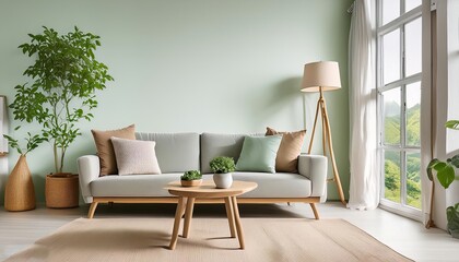 Modern Scandinavian home interior design characterized by an elegant living room featuring a comfortable sofa, mid century furniture, cozy carpet, wooden floor, white walls, and home plants.