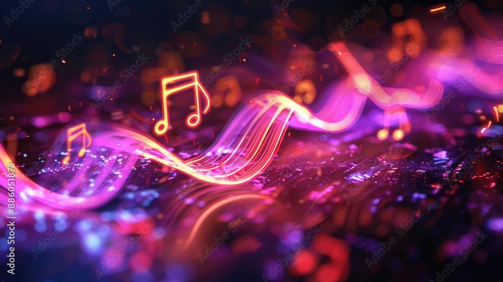 Canvas Prints pink and purple glowing neon music notes floating over a circuit board with a dark background
