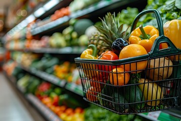 Shopping basket filled with vibrant fruits and vegetables, set against a backdrop of a grocery supermarket aisle with shelves stocked in green tones.