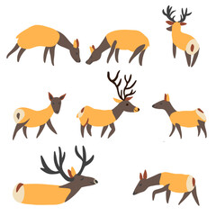Siberian deers set, decorative cartoon flat vector maral forest animal isolated on white background, wild reindeer, simple illustration cute mammal for design children pattern, Christmas icon, map