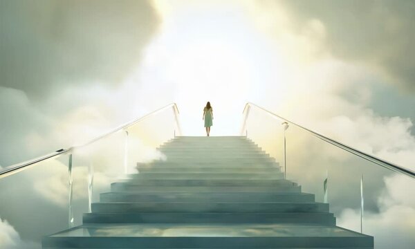 A woman is walking up a staircase that leads to a cloud. The sky is cloudy and the woman is looking up at the clouds
