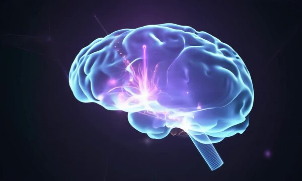 A brain with a red spot on it. The brain is surrounded by a network of lines
