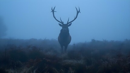 Silhouette of red deer stag in the mist