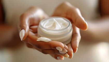 Close-up of hands applying cream to smooth skin