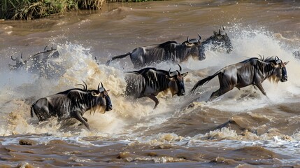 Wildebeests crossing the Mara River during the Great Migration