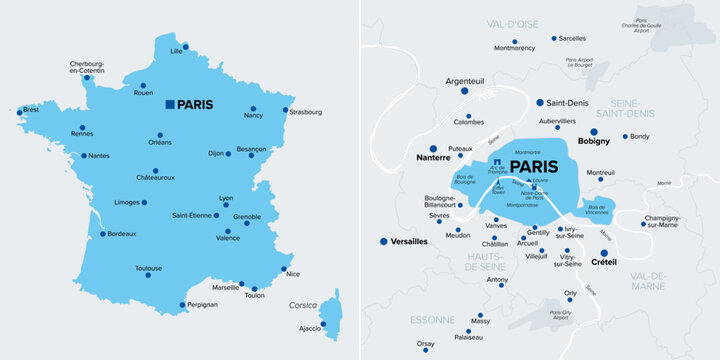Metropolitan France silhouette, and Paris, a department and the capital city, political map. European France, compromising the mainland and Corsica, and Petite Couronne, inner ring of Ile-de-France.