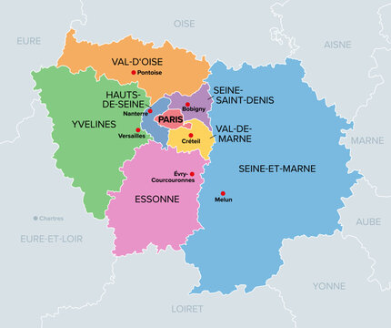 Ile-de-France, departments and prefectures of the Paris Region, multi colored political map. Most populous region of France, centered on the capital Paris, located in the countries north-central part.