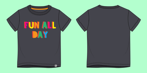 boys black short sleeve tee on chest fun all day fashion illustration flat sketch vector