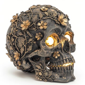 recommend clip art: Realistic Halloween skeleton head with glowing eyes, intricate details, isolated on white background, clipart