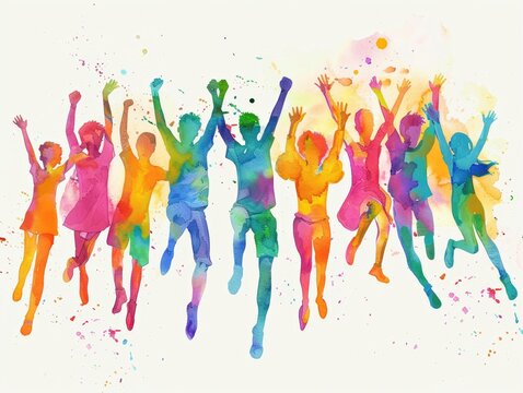 Vibrant watercolor silhouette of diverse people jumping with joy, capturing the essence of celebration, unity, and happiness. Perfect for festive themes.