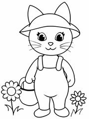 A cute kitten wearing a hat and overalls is holding a basket full of sunflowers vector line art